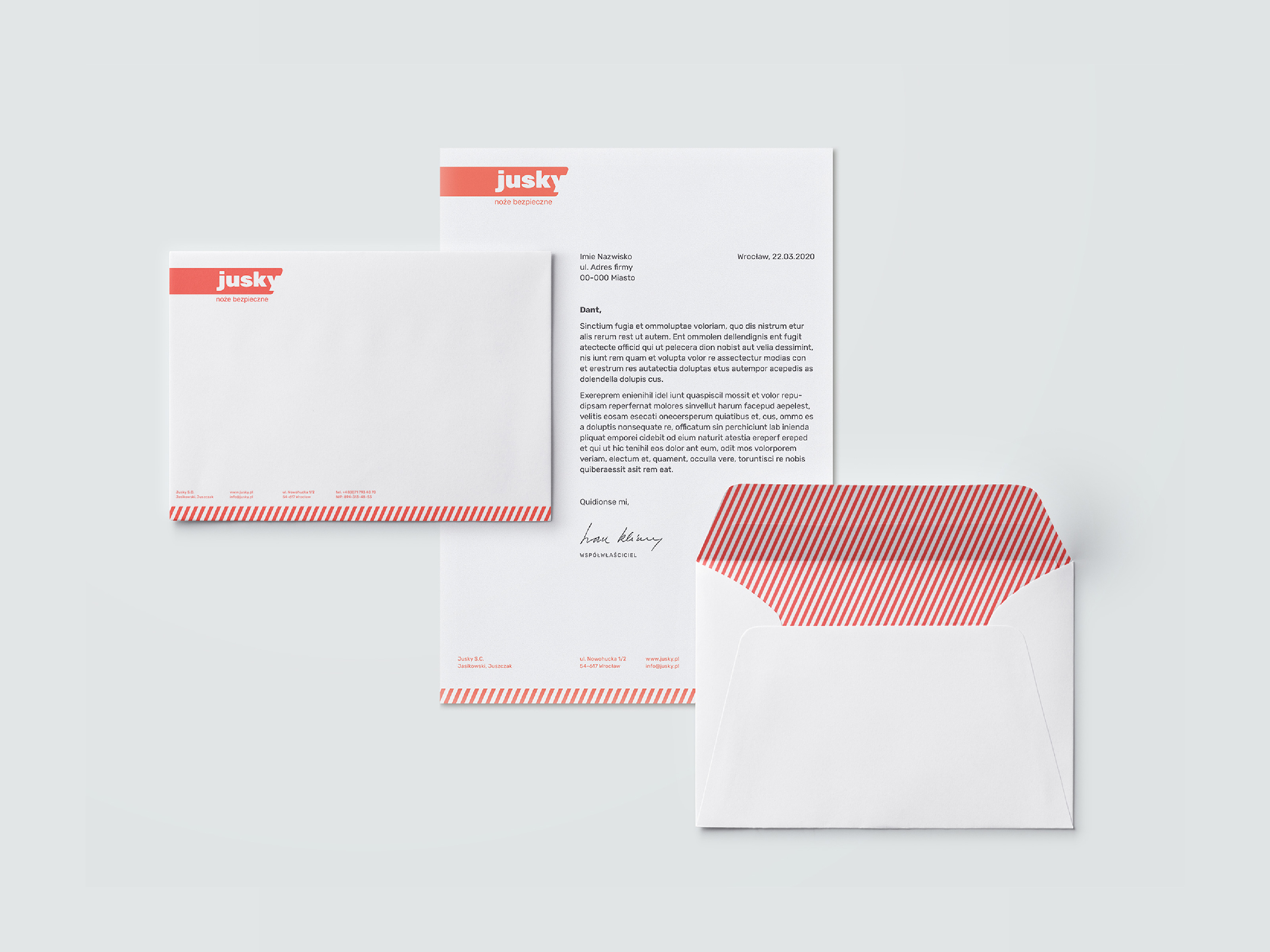 Jusky materiały biurowe: papier firmowy, koperta